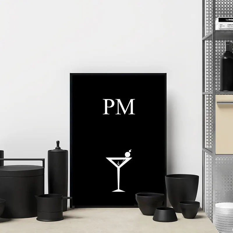 Black poster with 'PM' and a cocktail glass design in a modern interior setting.