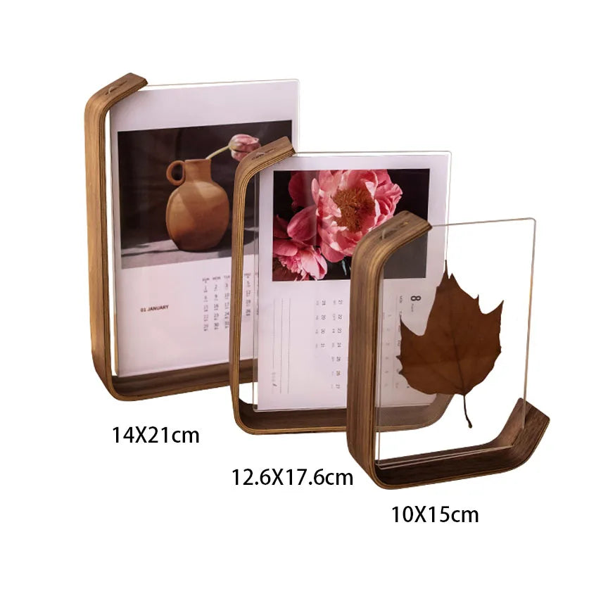 Wooden photo frame with different size options on a white background