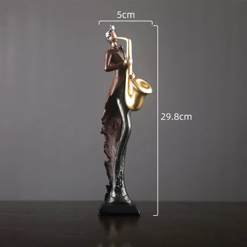 Statue of a person playing a saxophone with measurements on a dark background