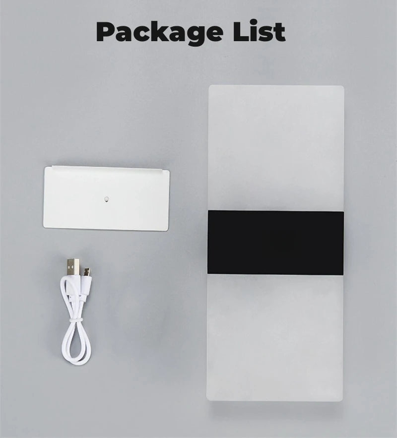 White power bank, black strip, and white cable on a gray background with 'Package List' text.