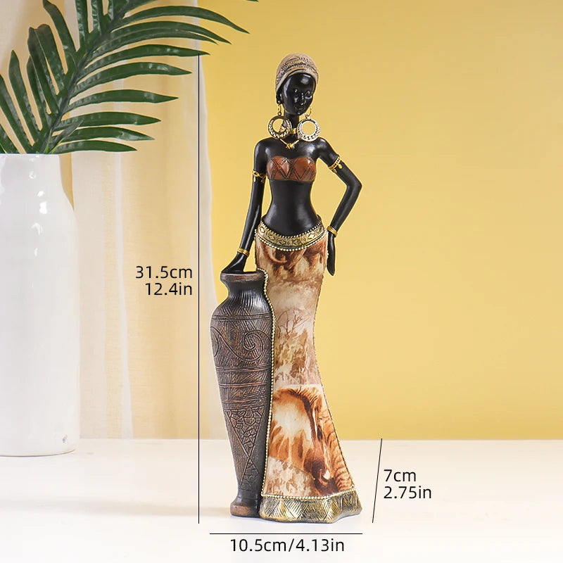 Decorative statue of a woman with measurements indicated, against a yellow wall with a plant.