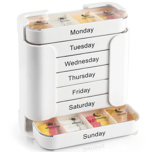 7-day medication organizer with pull-out drawers for weekly pill storage