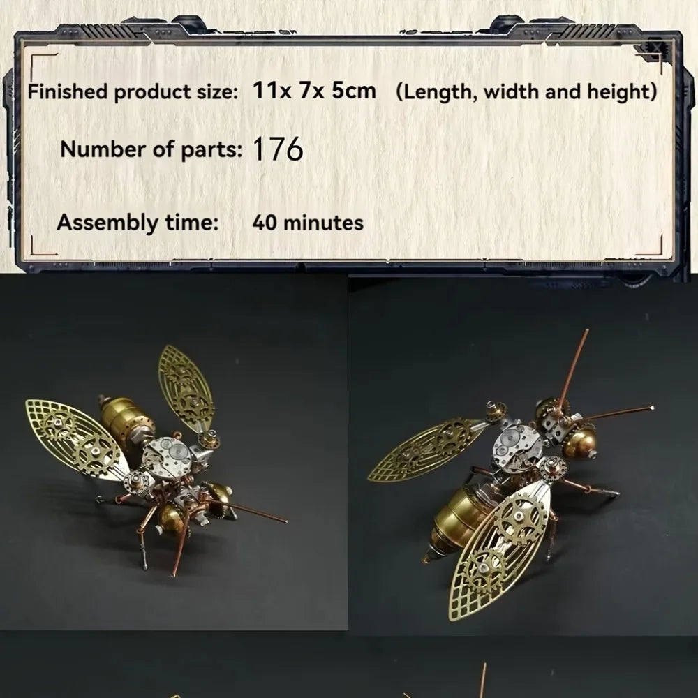 Steampunk-style insect model with assembly information on a dark background