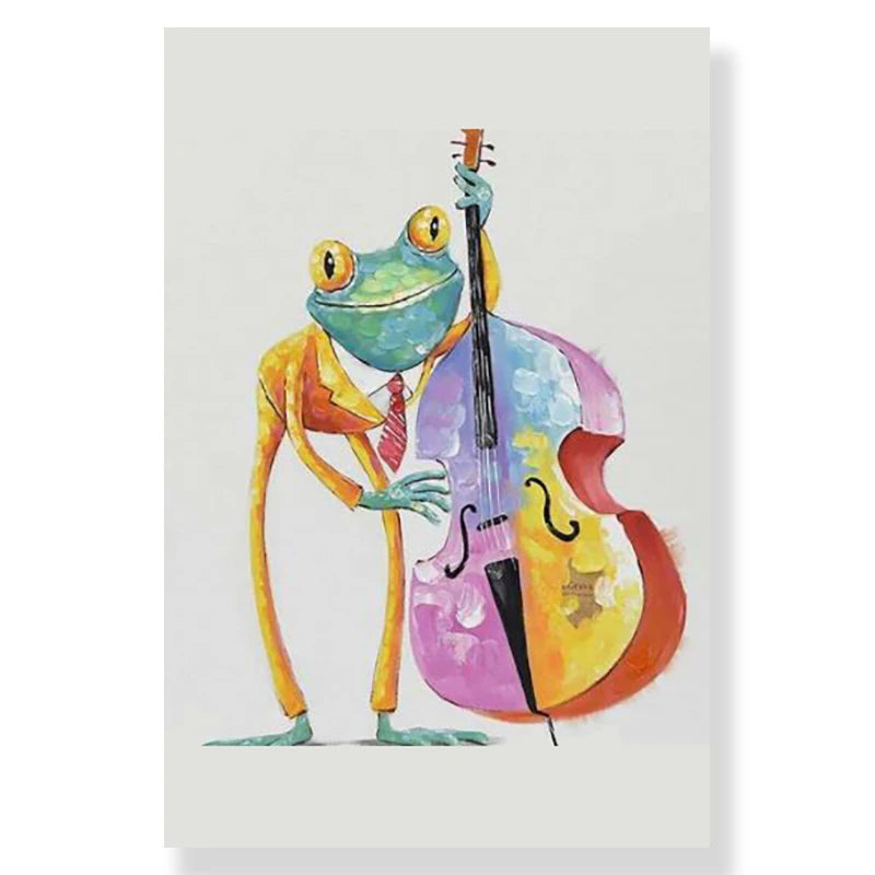 Colorful illustration of a frog playing a cello on a white background