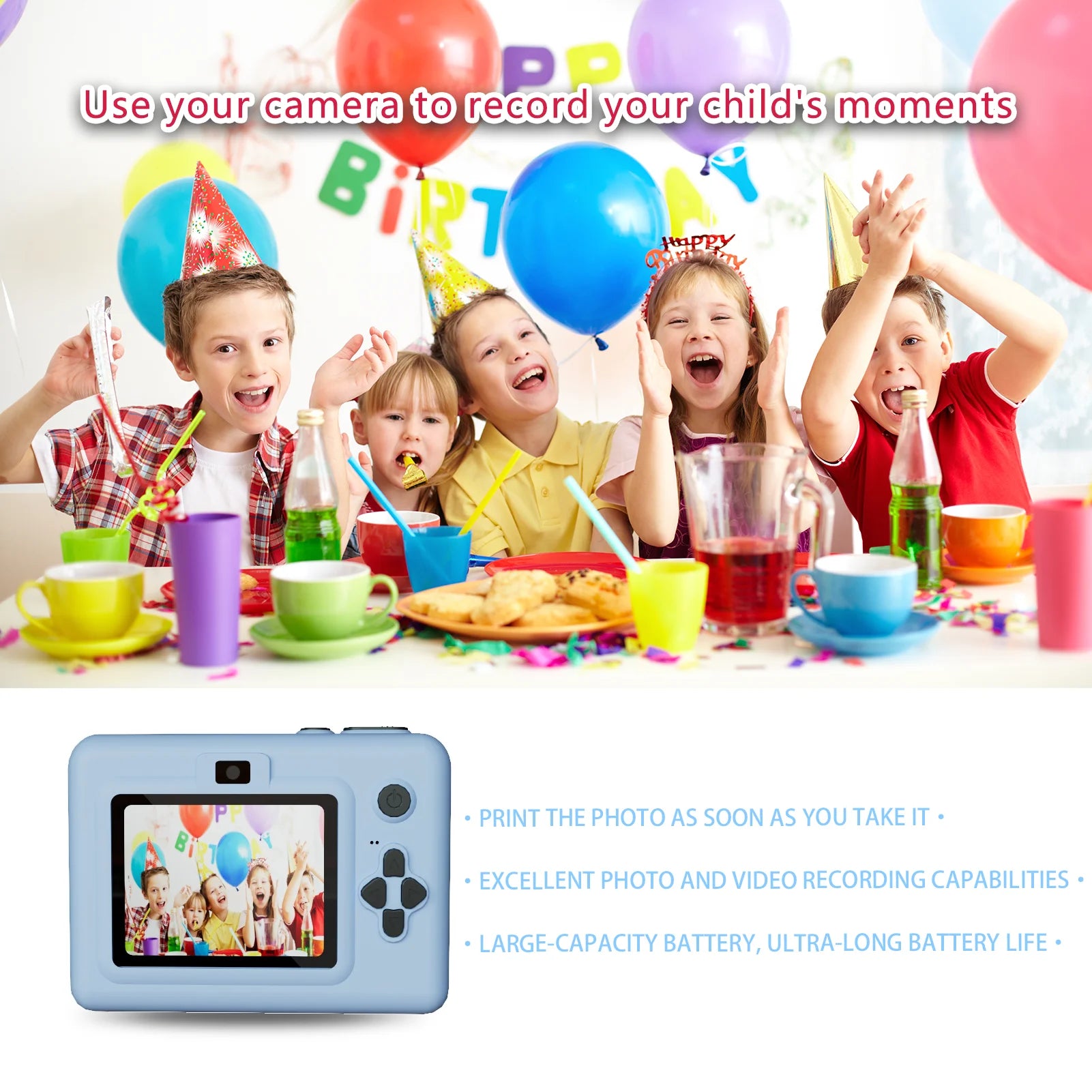 Children at a birthday party with balloons and a camera, promoting photo and video recording capabilities.