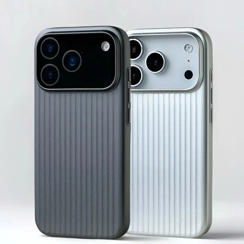 3D stripe magnetic MagSafe iPhone case with matte corrugated luggage texture in black and white