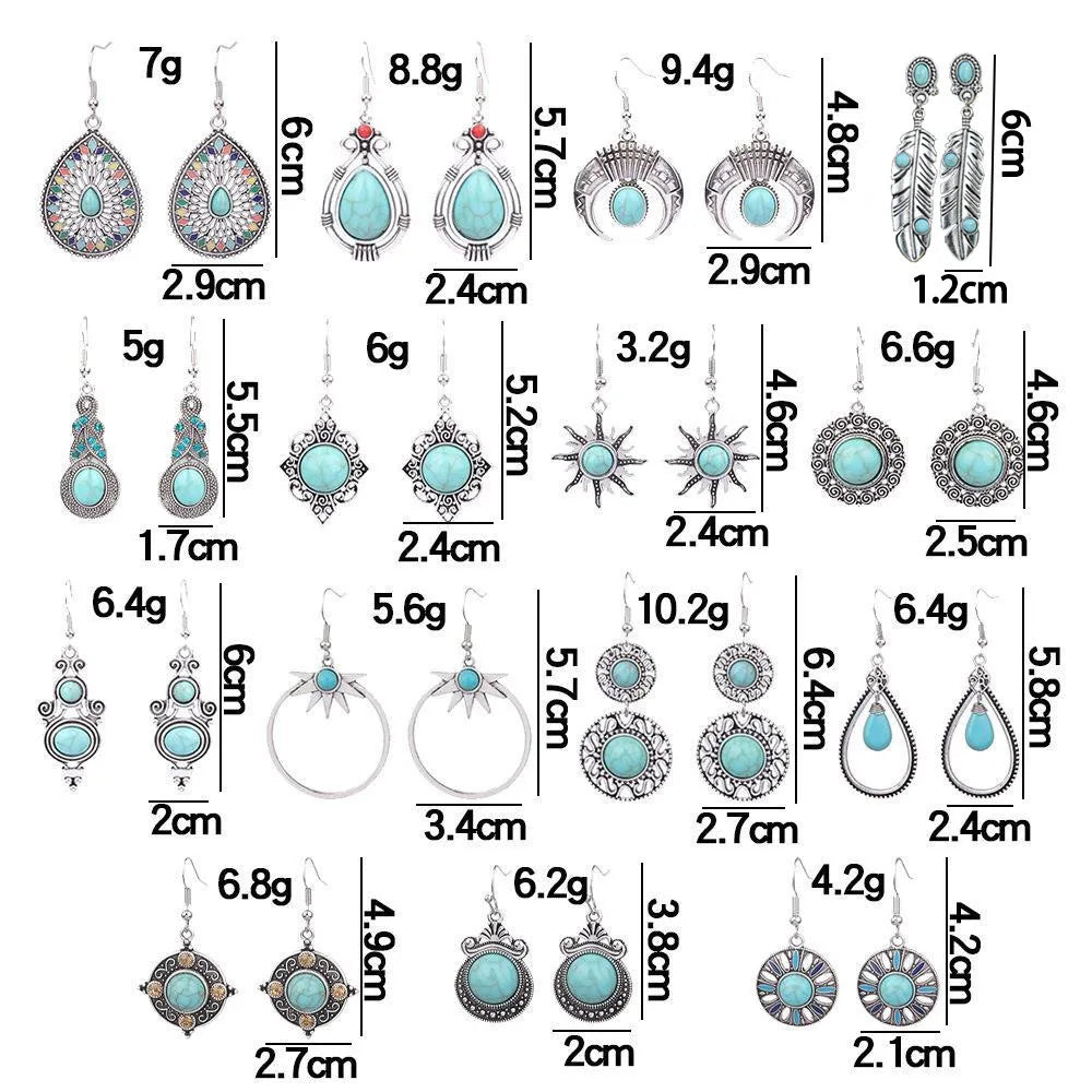 Various pairs of earrings with turquoise stones, showing weight and dimensions.