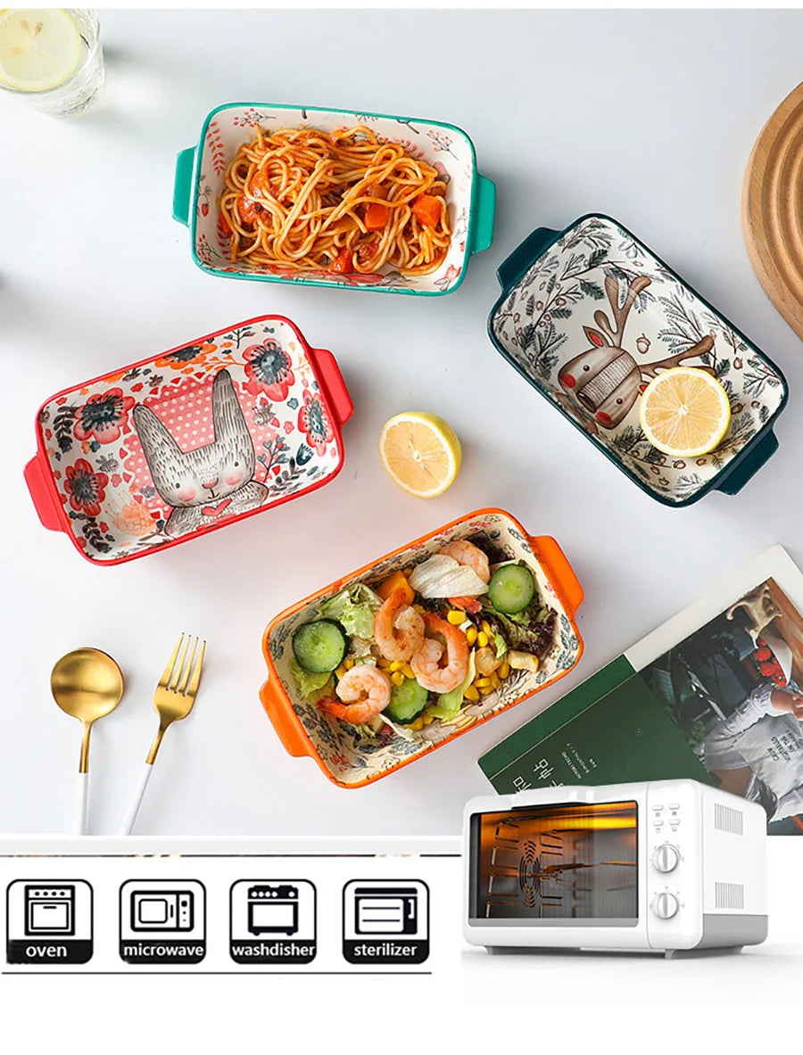 Set of colorful ceramic food containers with meals inside, placed on a white surface with a microwave oven.