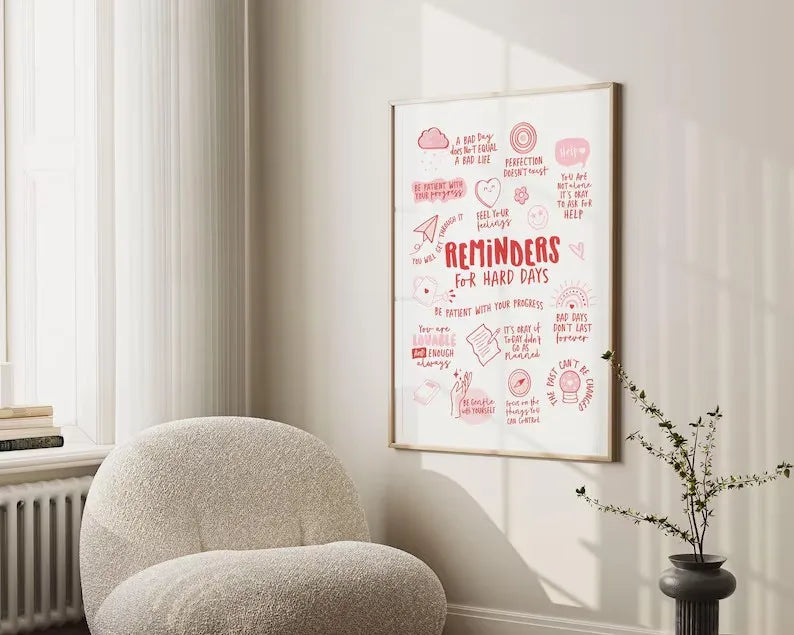 Framed poster with motivational text in a room with a chair and plant