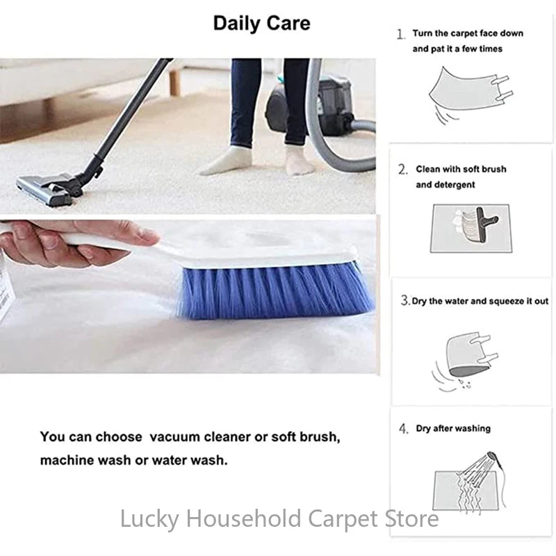 Instructions for cleaning carpet with a vacuum cleaner and soft brush, featuring Lucky Household Carpet Store branding.