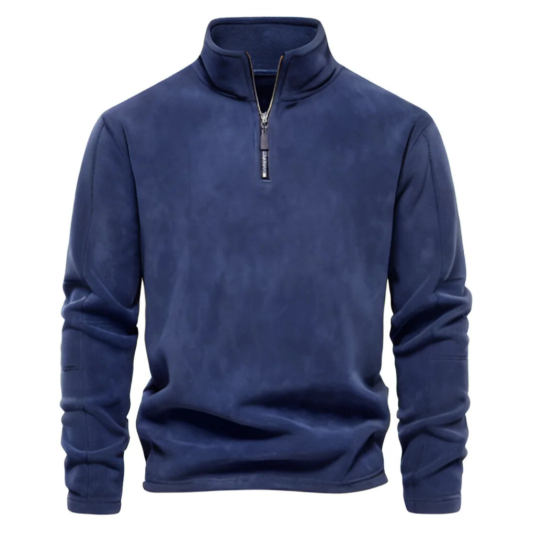 Blue pullover with a quarter zip on a white background