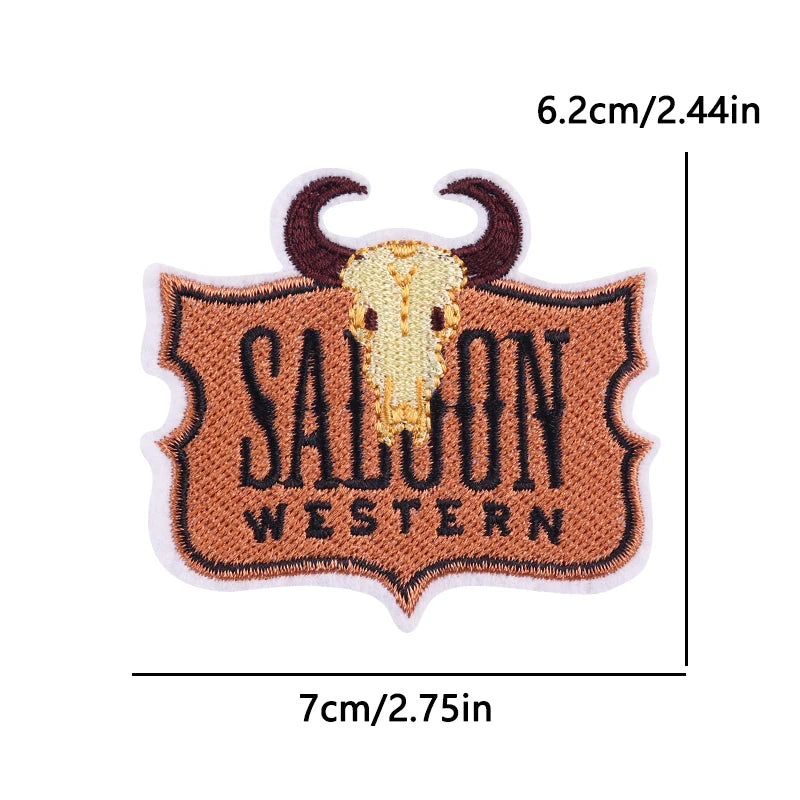 Western-themed patch with 'Saloon Western' text and measurements on a white background