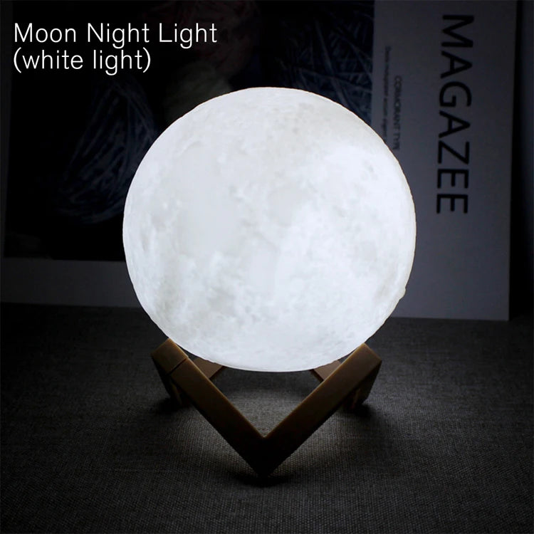 Moon-shaped night light emitting white light on a dark background