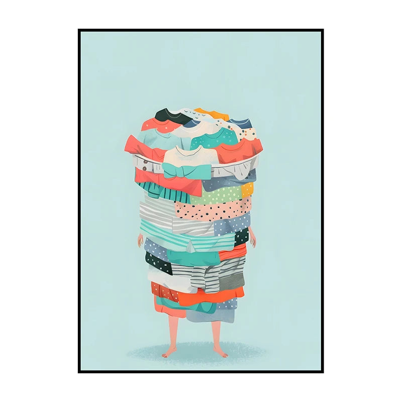 Colorful stack of clothes with a person's legs at the bottom on a light blue background