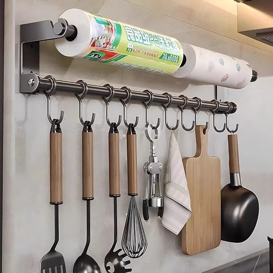 Stainless steel wall-mounted kitchen utensil rack with hooks for organising spoons and kitchen tools