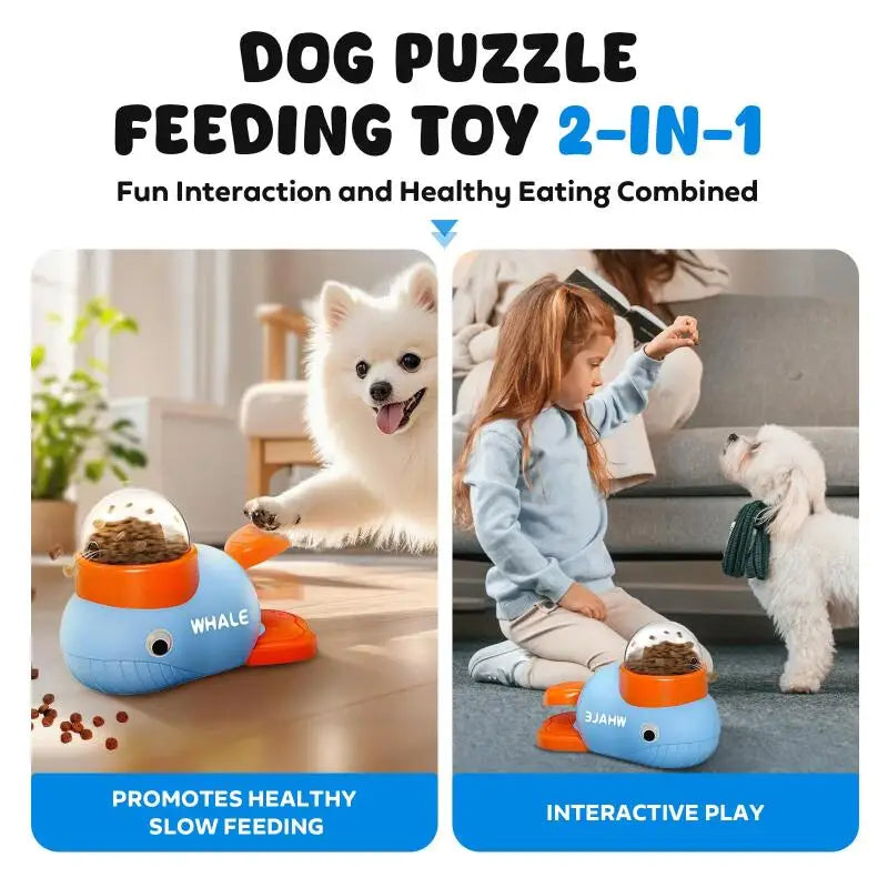 Dog puzzle feeding toy with text highlighting features and uses