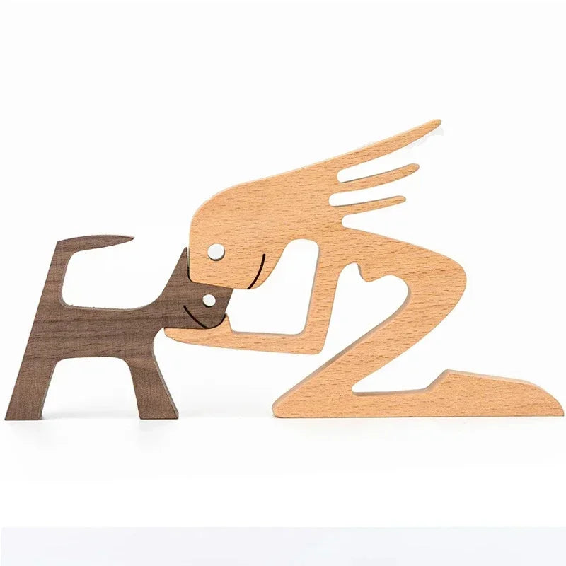 Wooden sculpture of a couple in a romantic pose on a white background