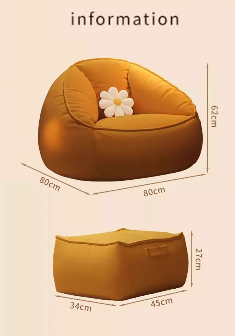 Yellow bean bag chair with a flower cushion and dimensions on a beige background