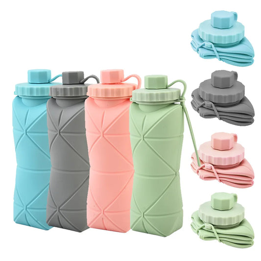 600ml collapsible silicone water bottle in assorted colours shown folded and unfolded