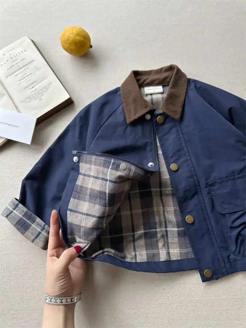 Boys Plaid Lined Jacket, Spring Autumn Cotton Coat