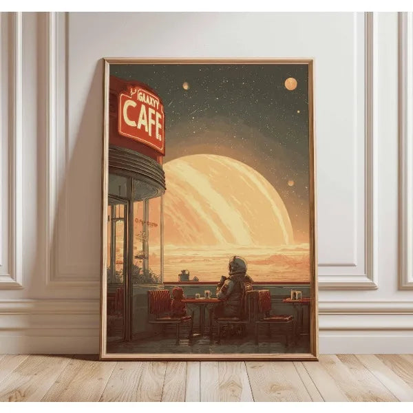 Framed artwork of a futuristic cafe with a planet view on a wall.
