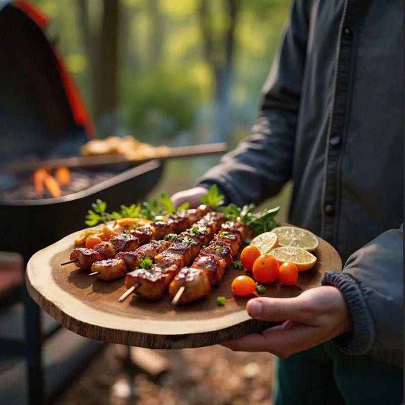Person holding a wooden plate with skewered grilled food and citrus slices outdoors.