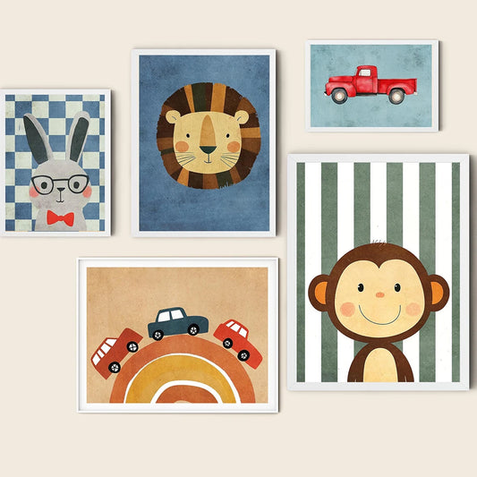 Scandinavian nursery wall art showing playful animal illustrations – unframed posters