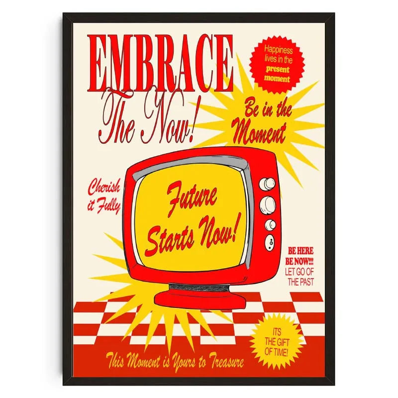 Vintage-style poster with a retro TV and motivational text on a white background