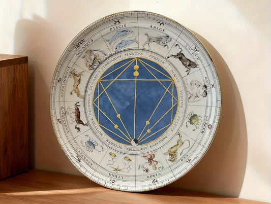 A round decorative plate featuring an astrological zodiac wheel design, leaning against a beige wall on a wooden surface. The plate has a blue center with a gold geometric star and a white outer ring printed with zodiac signs and illustrations.