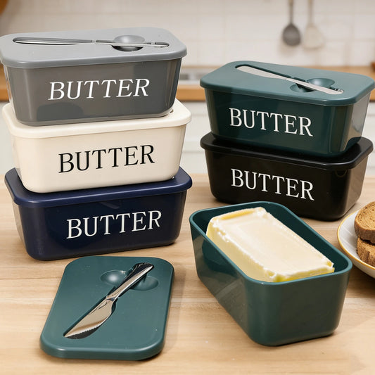 Set of butter containers with 'BUTTER' text on a kitchen counter.