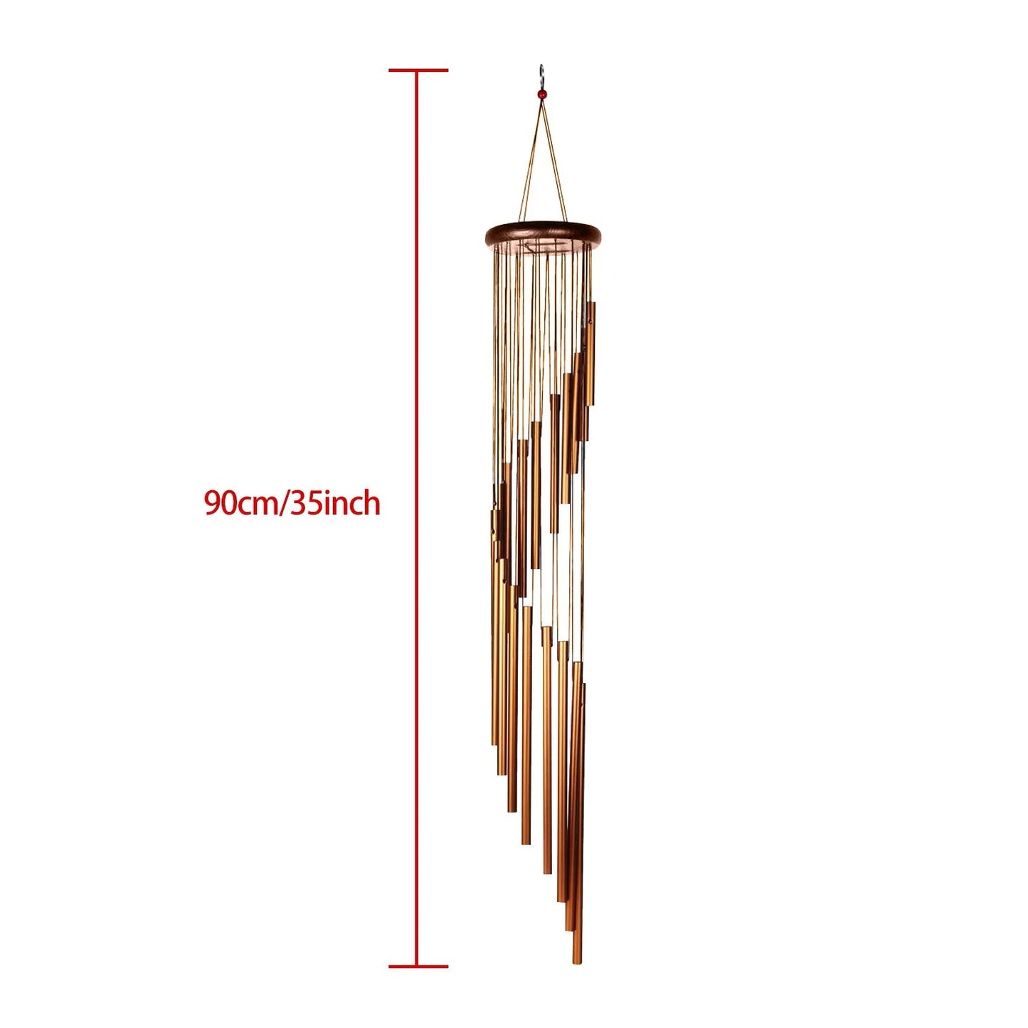 Decorative hanging chime with measurement details on a white background