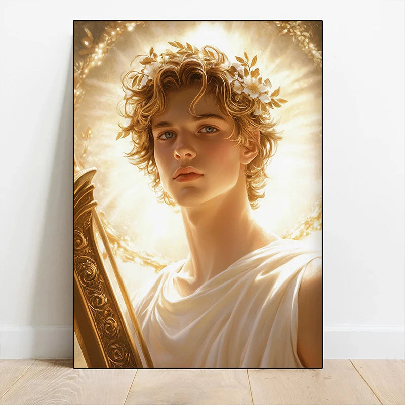 Framed artwork of a classical-style portrait with a laurel wreath on a white wall.