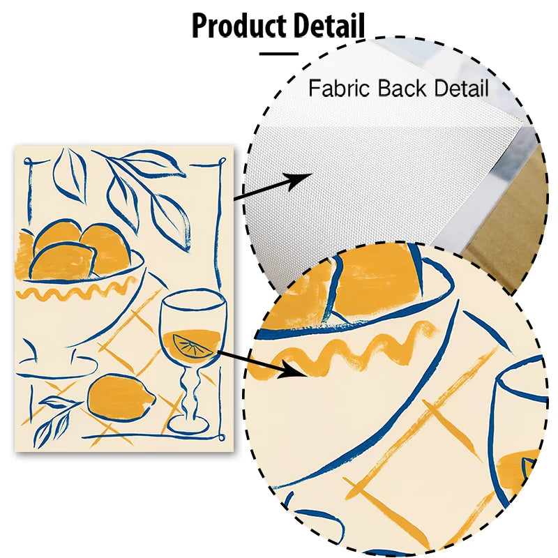 Product detail of a fabric with a bowl of oranges and a glass of wine design, showing both the front and back.