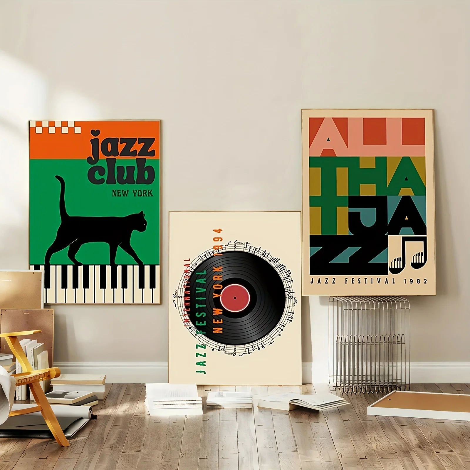 Two jazz-themed posters on a wall with a record player in the foreground.