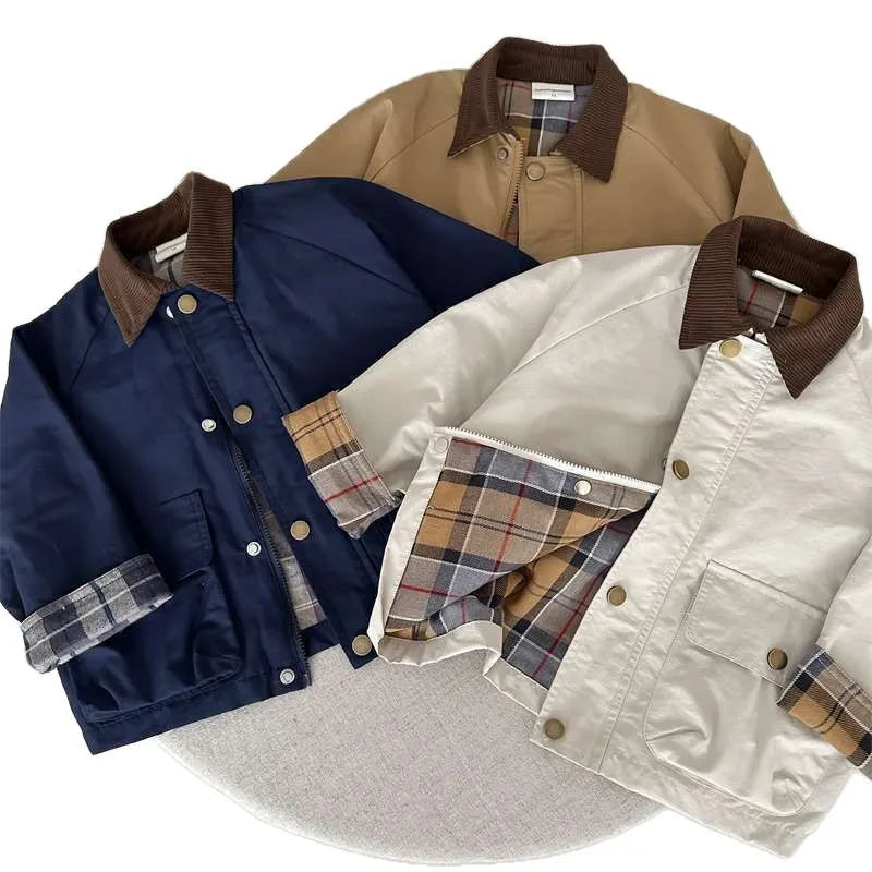 Three jackets in navy, beige, and white with plaid lining on a white background