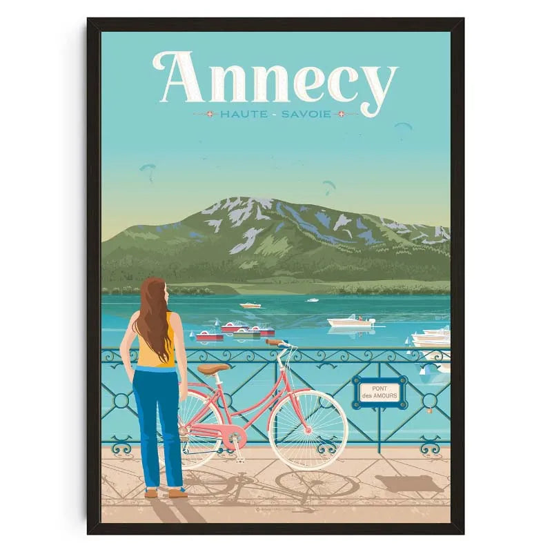 Illustration of a woman with a bicycle looking at a lake with mountains in the background, featuring the text 'Annecy Haute Savoie'.