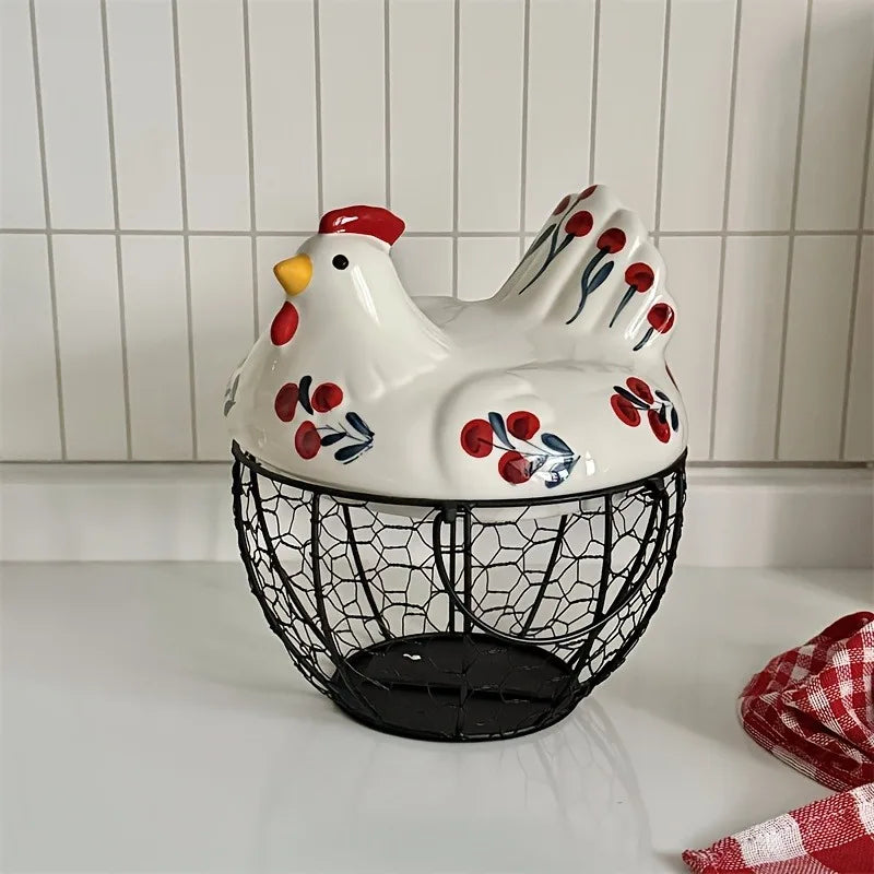 Decorative chicken-shaped basket with a wire base on a kitchen counter.