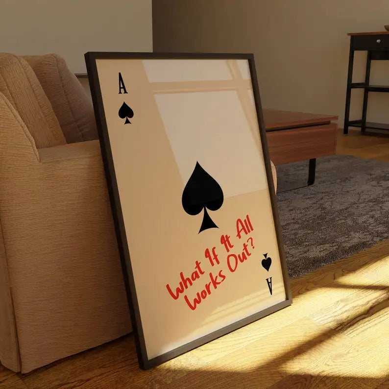 Framed playing card with text in a living room setting
