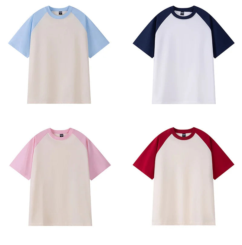 Four baseball tees with different color combinations on a white background