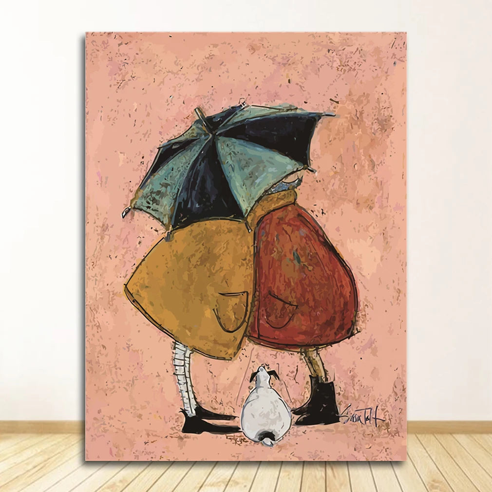 Artistic depiction of two figures under an umbrella on a textured pink background