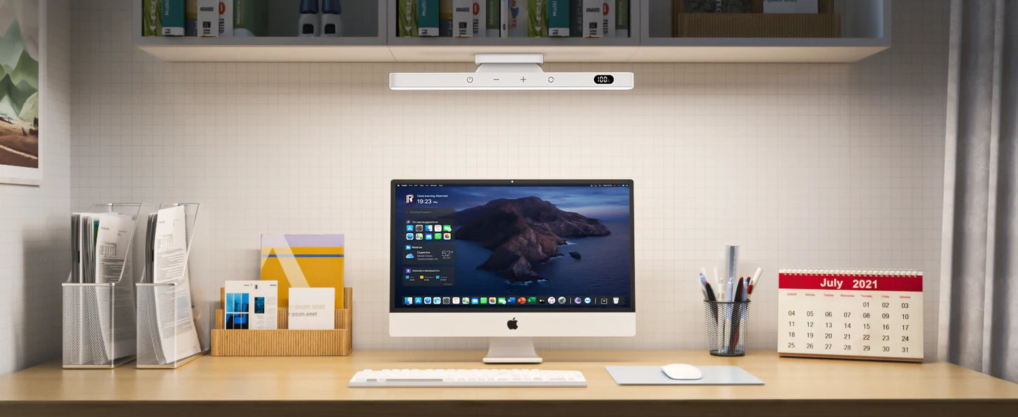 Light Product in a Modern office desk with computer monitor, keyboard, and office supplies.