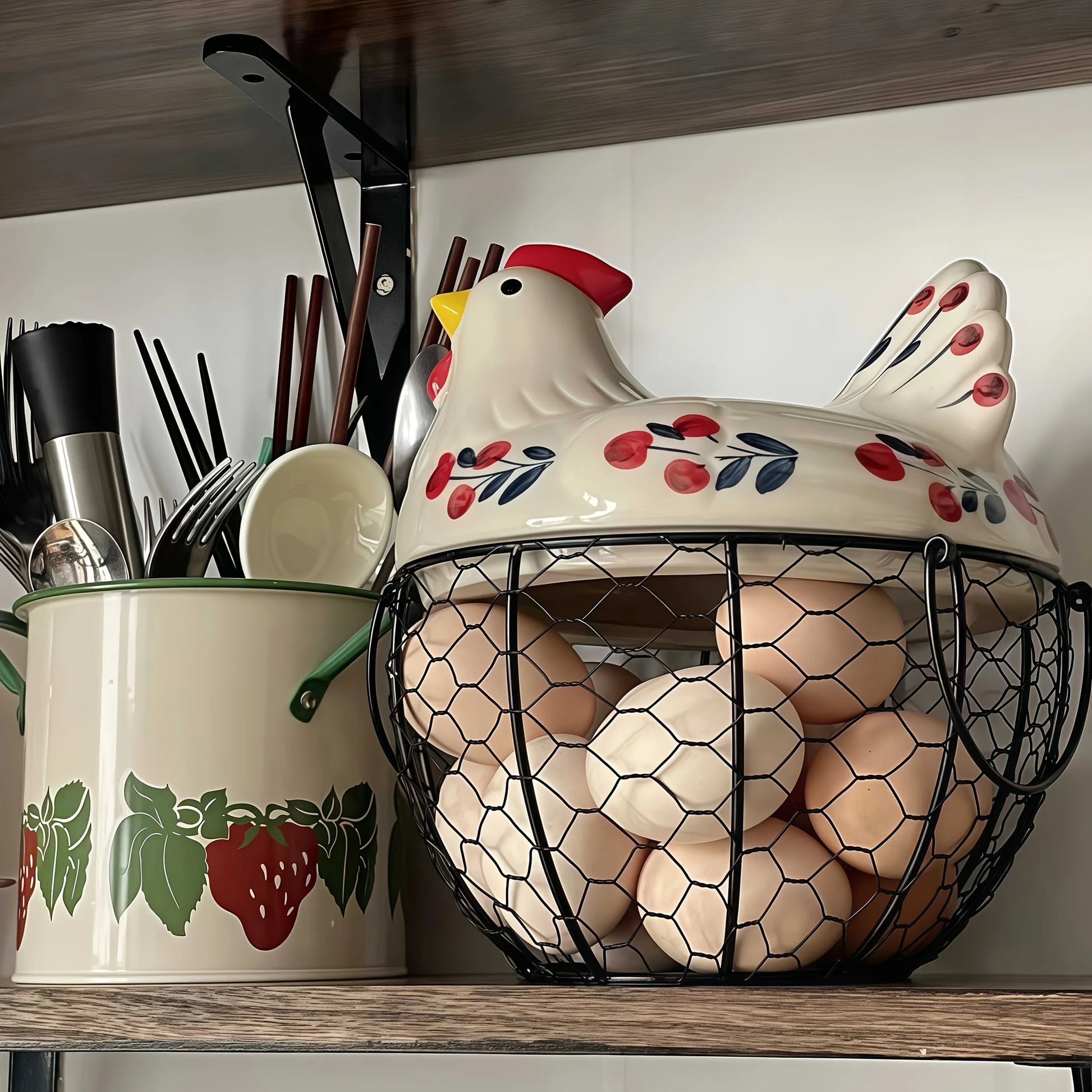 farmhouse hen ceramic egg basket with floral lid and black wire storage basket