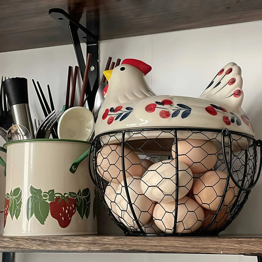 farmhouse hen ceramic egg basket with floral lid and black wire storage basket