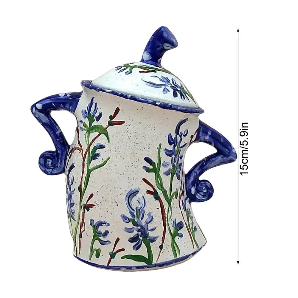 Ceramic storage jar with floral design and dimensions on a white background