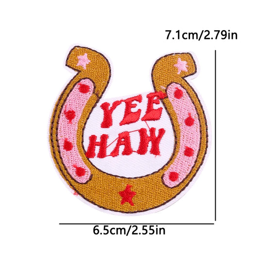 Horseshoe-shaped patch with 'YEE HAW' text and measurements on a white background