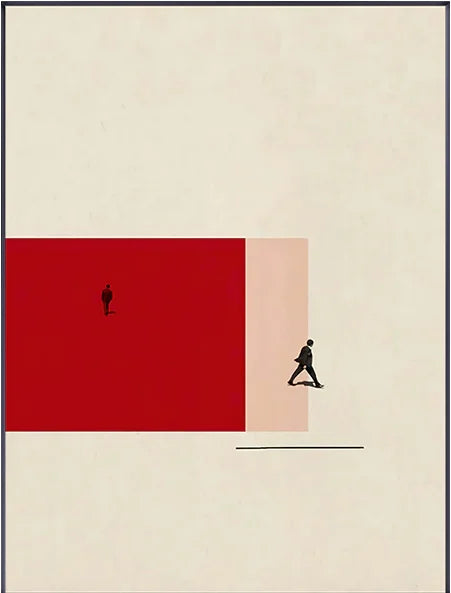 Surreal artwork with a red square and black figures on a beige background