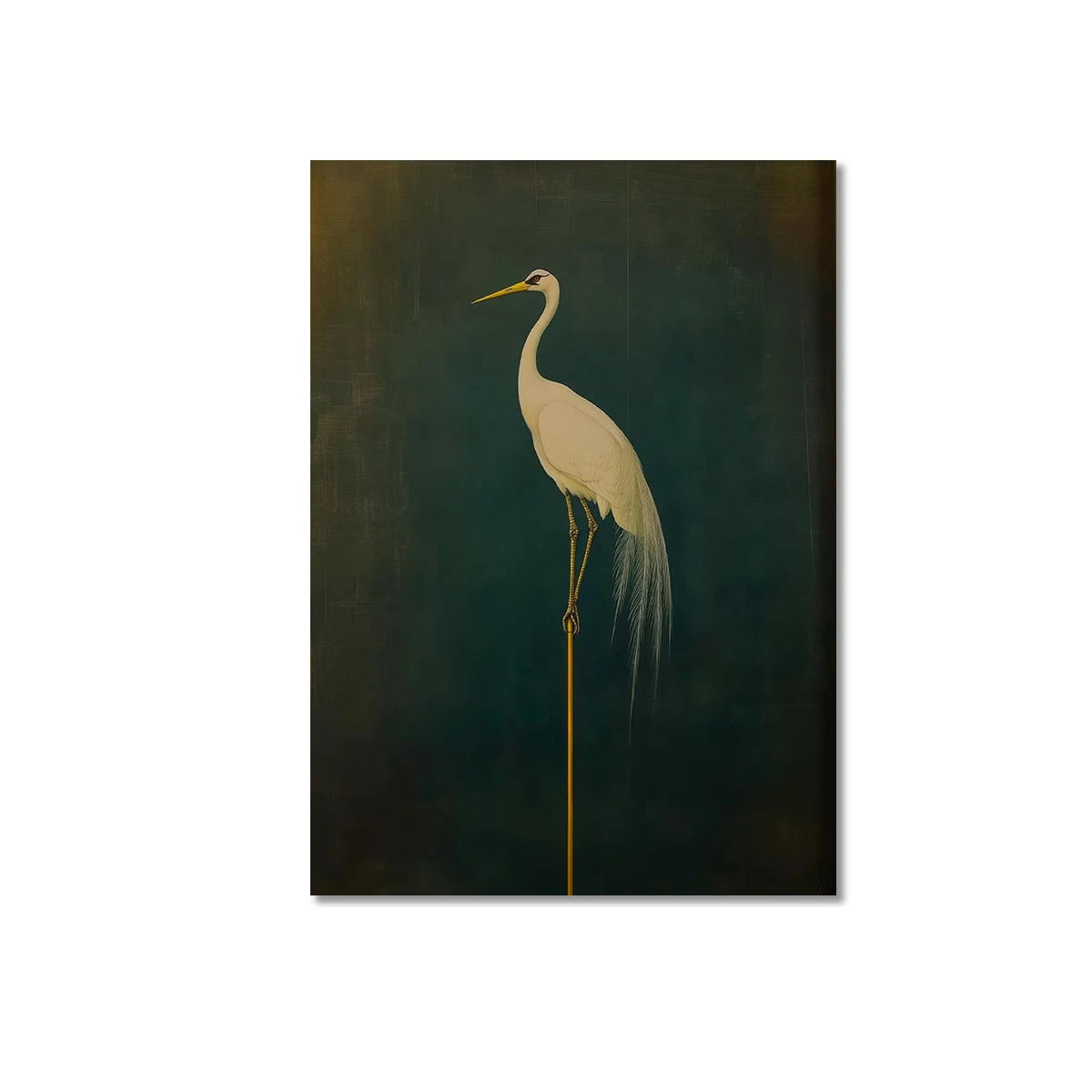 Painting of a crane bird on a dark background
