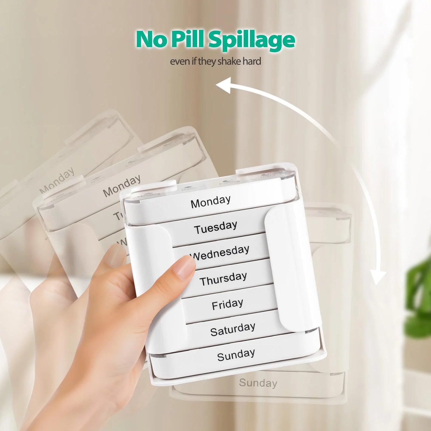 Hand holding a pill organizer with days of the week labels, showing 'No Pill Spillage' feature.