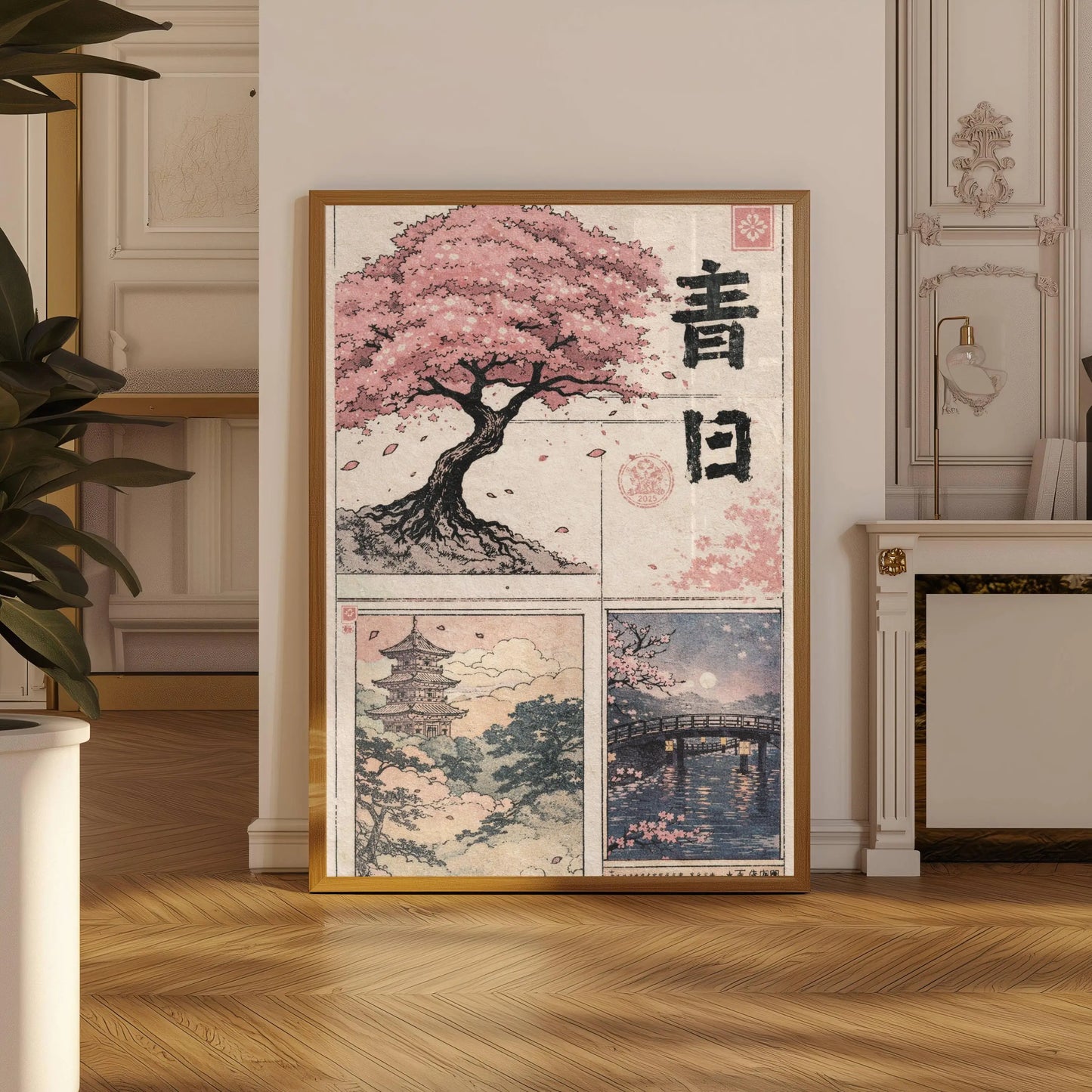 Framed artwork with cherry blossom tree and Japanese temple design in a room with wooden floor and decorative wall.