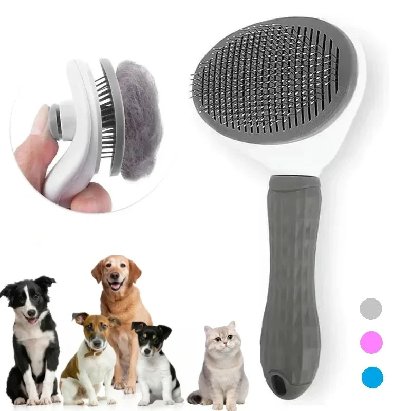 Self-cleaning pet grooming brush with stainless steel pins shown with dogs and a cat